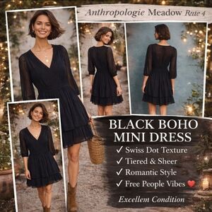 Anthropologie Meadow Rue Minetta Black Swiss Dot Tiered Mini Dress Petite 4 Boho